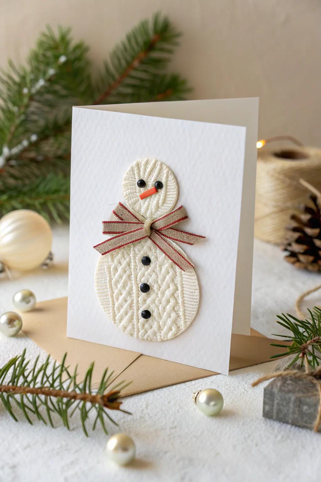 Craft a cozy holiday greeting with a ribbon snowman card, blending simplicity and charm.
