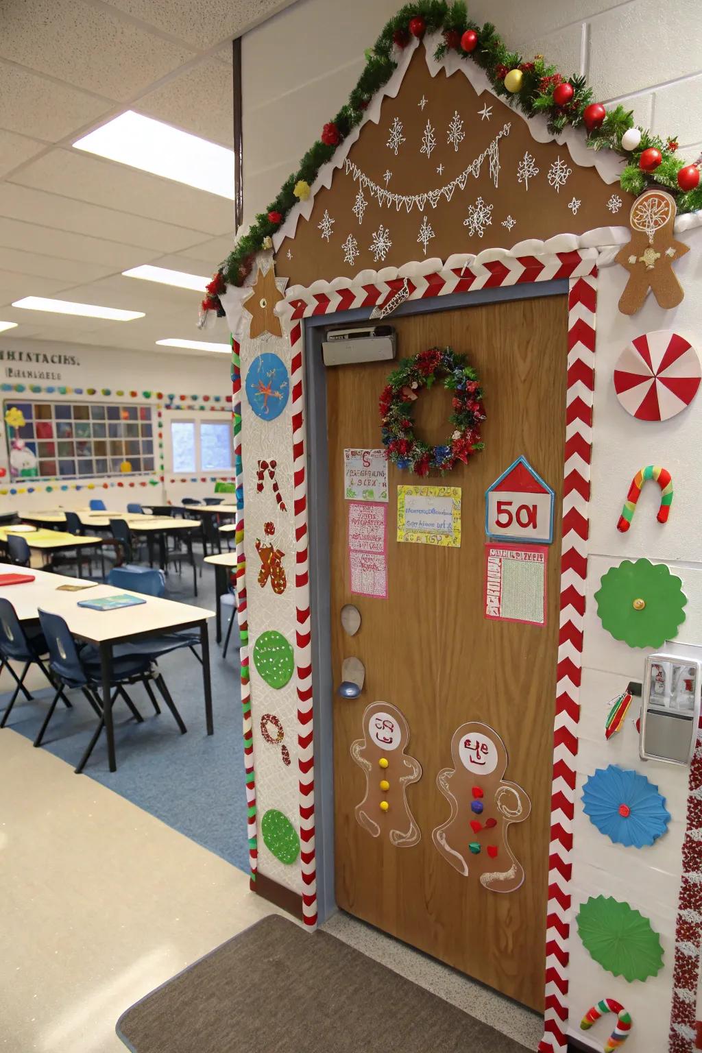 A sweet gingerbread house door display.