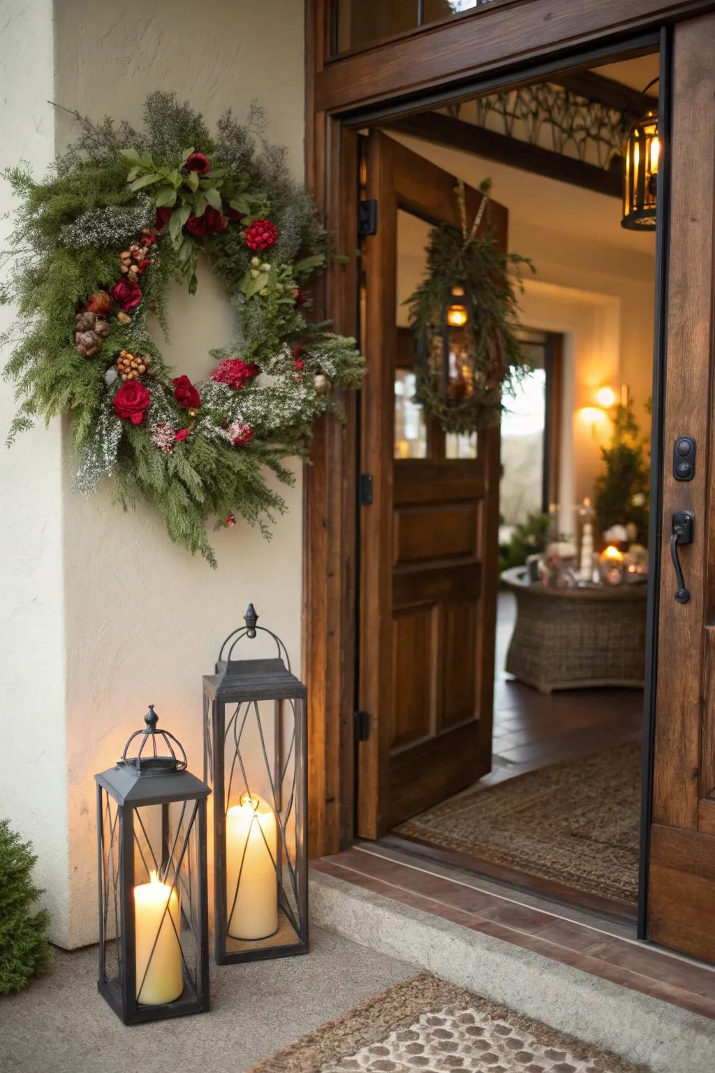 An inviting entryway with a welcoming wreath and lanterns.