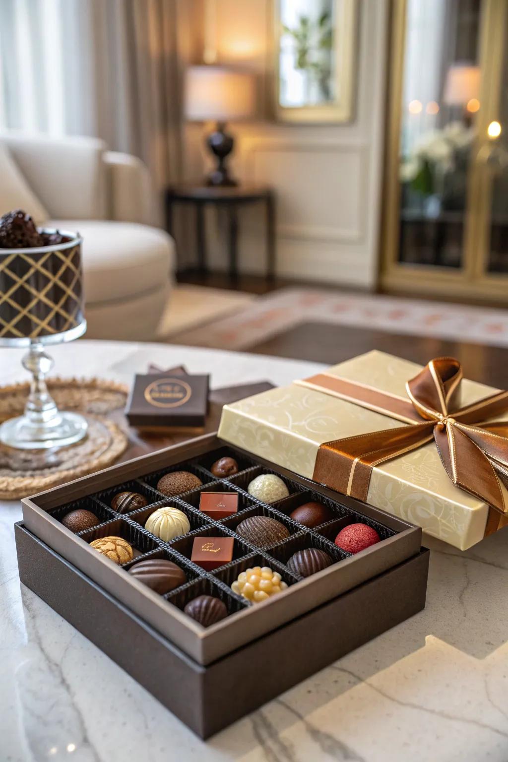 A box of artisanal chocolates perfect for any chocolate enthusiast.