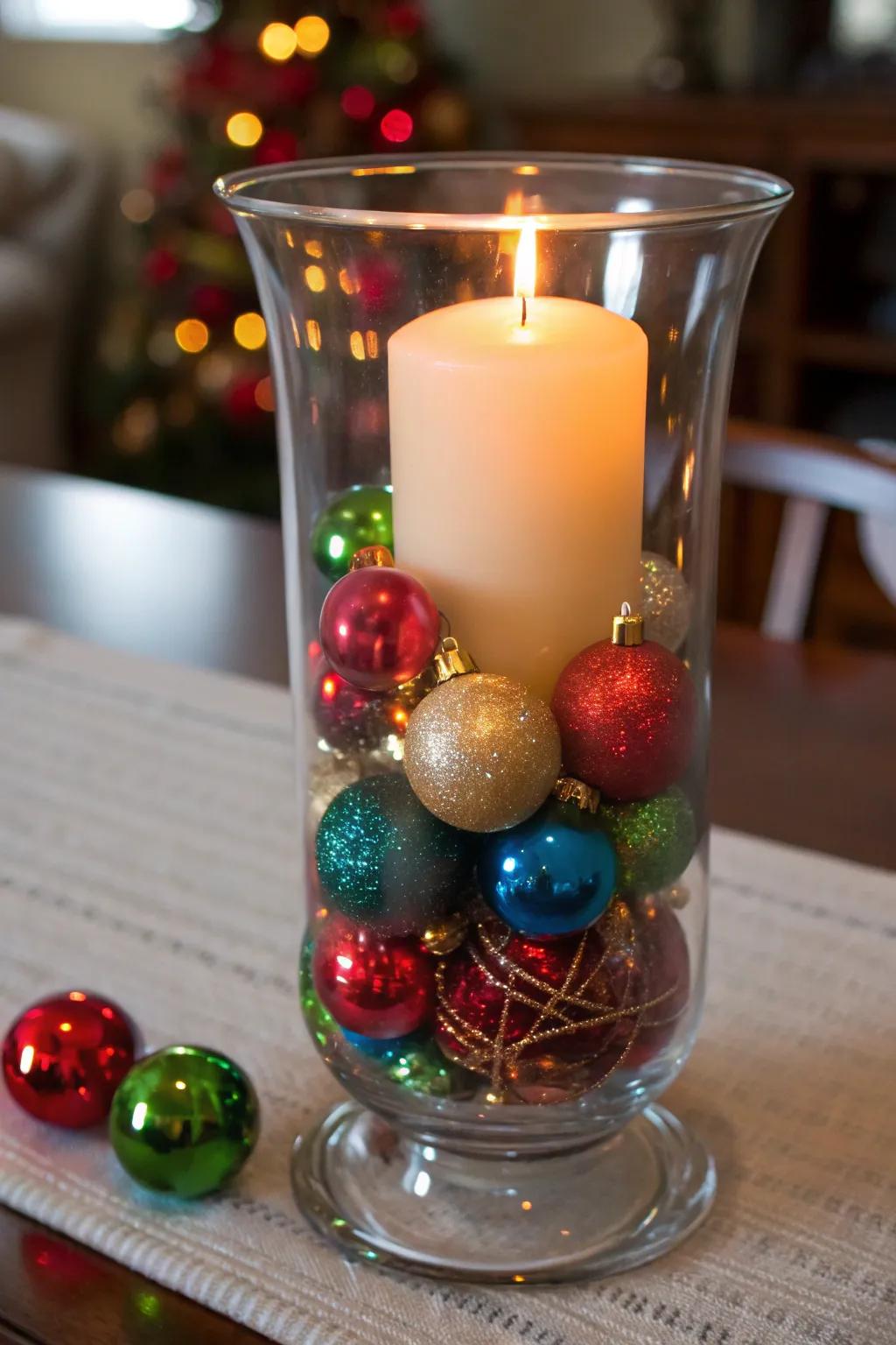 Use colorful ornaments to create a vibrant and festive centerpiece.