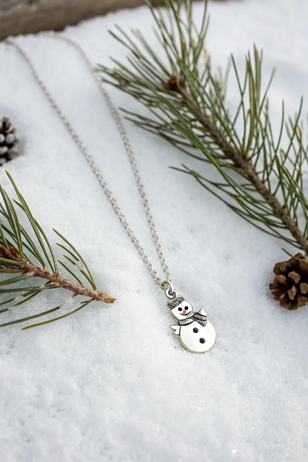 Keep it simple and festive with a minimalist snowman necklace.