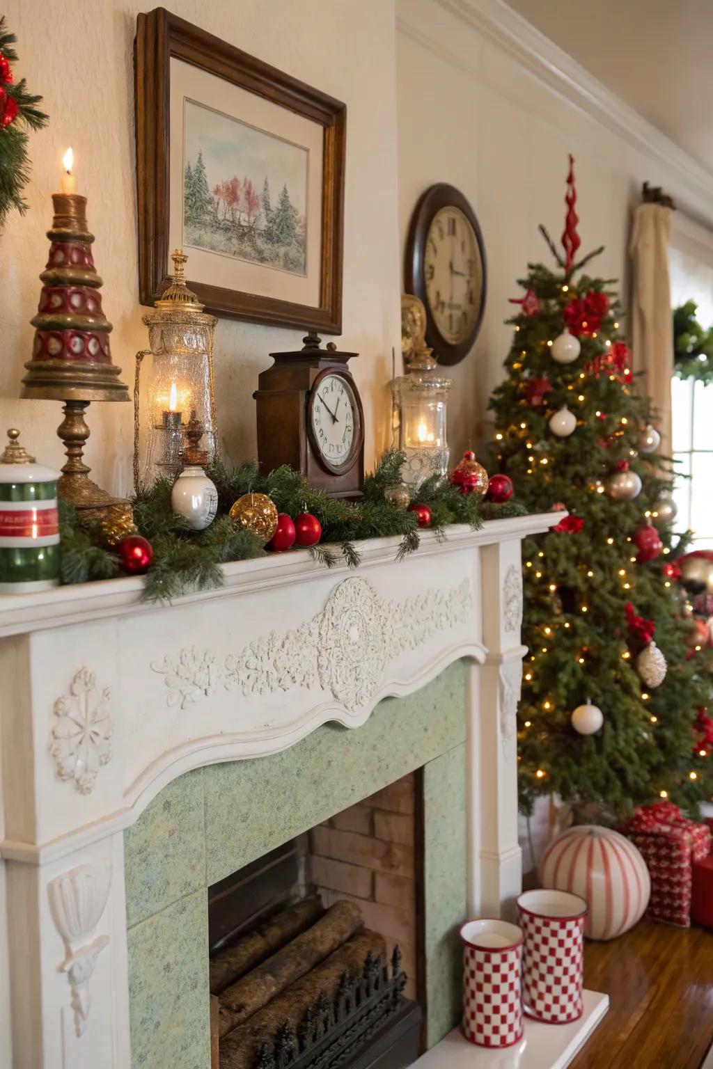 A nostalgic vintage Christmas mantel.