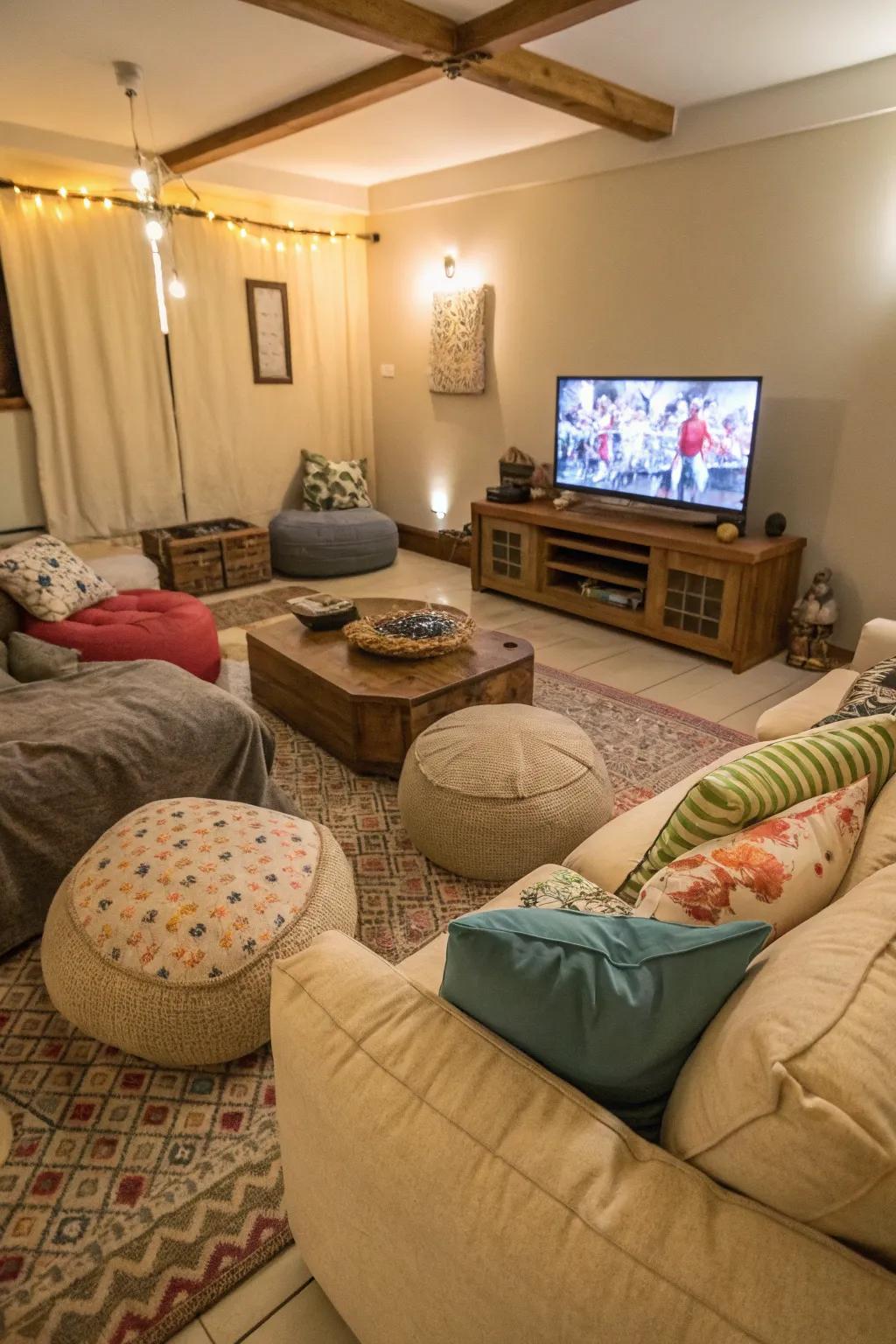 Comfortable seating options create a welcoming movie night environment.