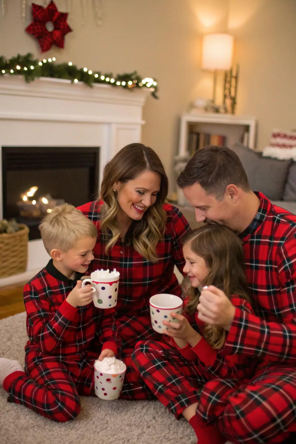 The warmth of flannel pajamas and hot cocoa make for a perfect Christmas morning scene.