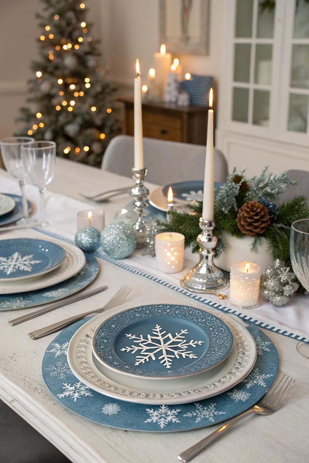 A winter wonderland-inspired table setting with blue and silver elements.