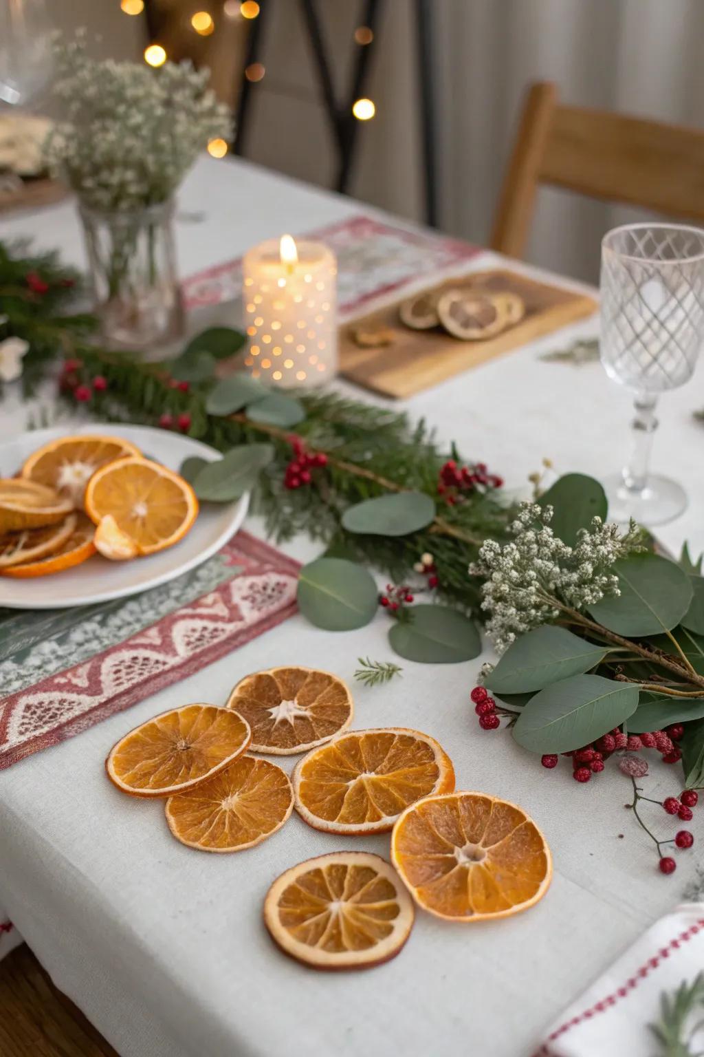 Dried orange slices add natural vibrancy to your table.