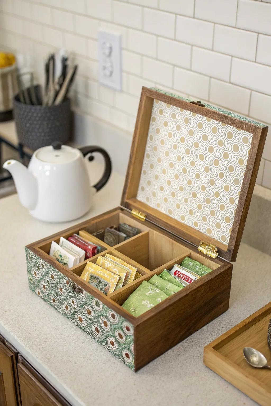 A charming tea box crafted from a cigar box keeps your tea organized.