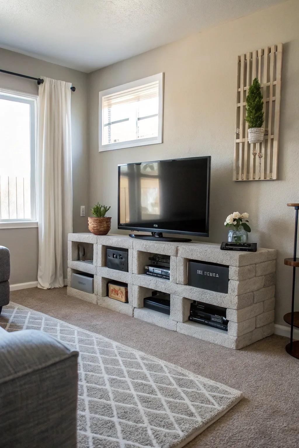 A symmetrical cinder block TV stand offers a sense of balance and calm to this living room.