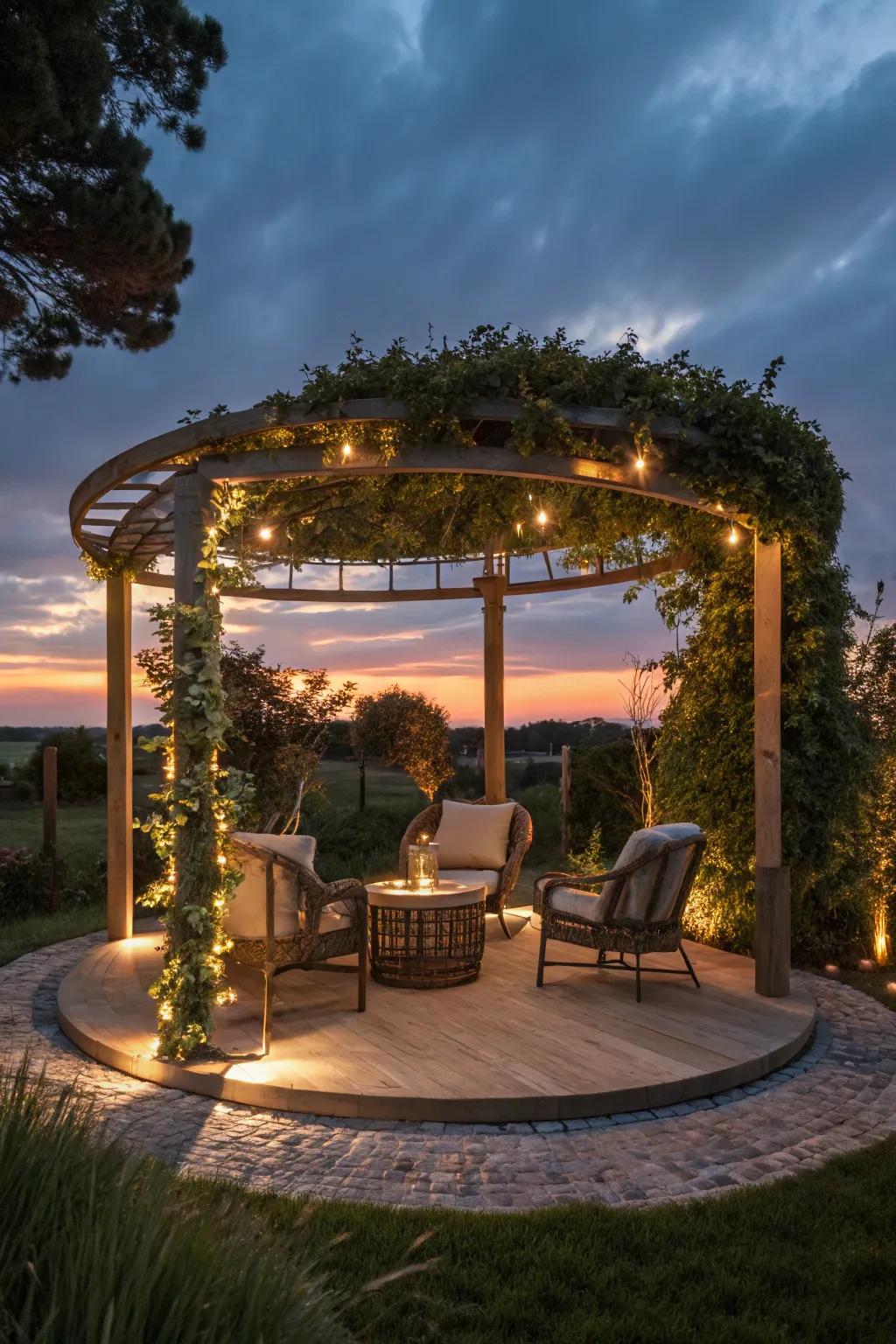 Integrated lighting turns a pergola into a magical evening retreat.