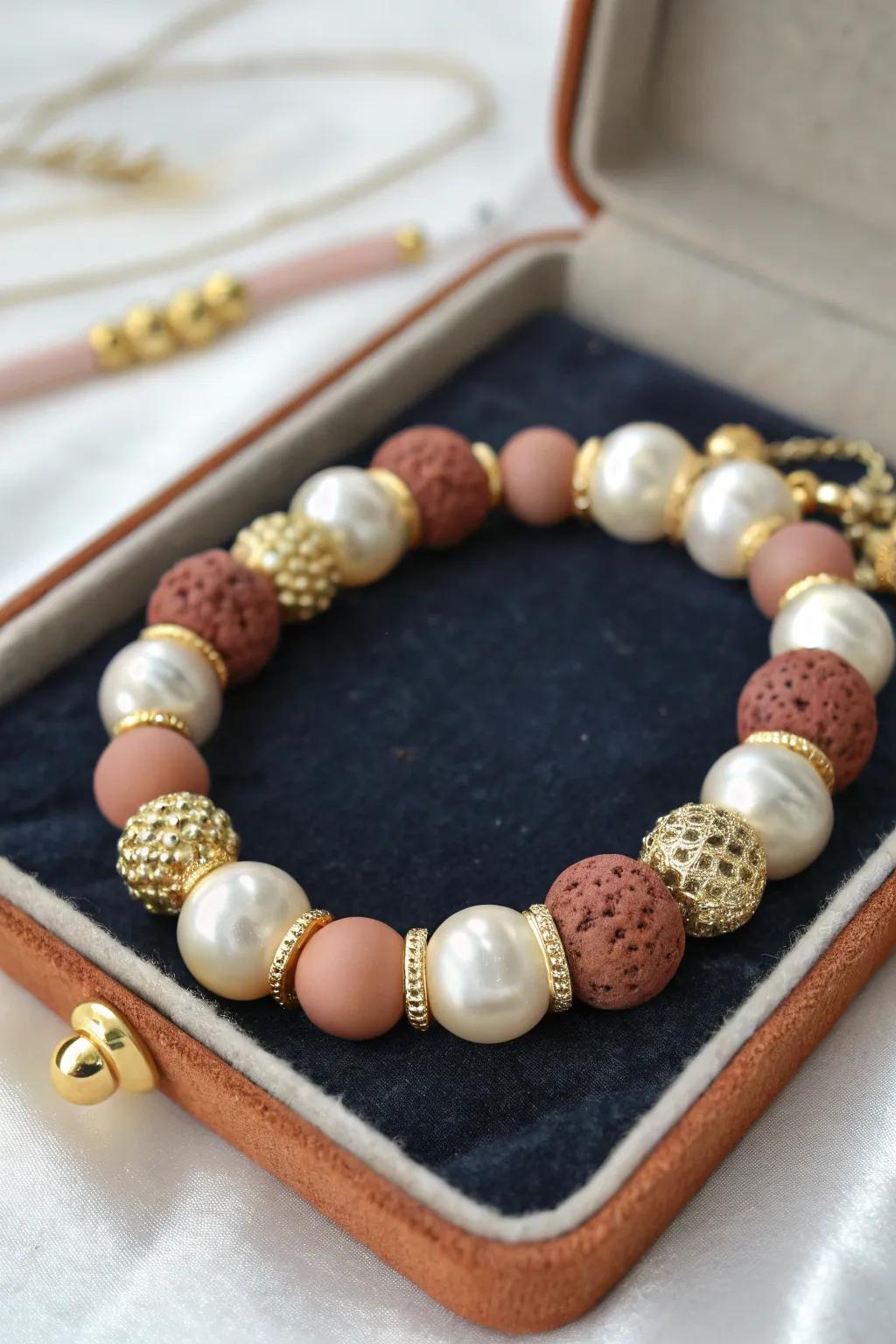 A touch of glamour with gold accents and pearls.