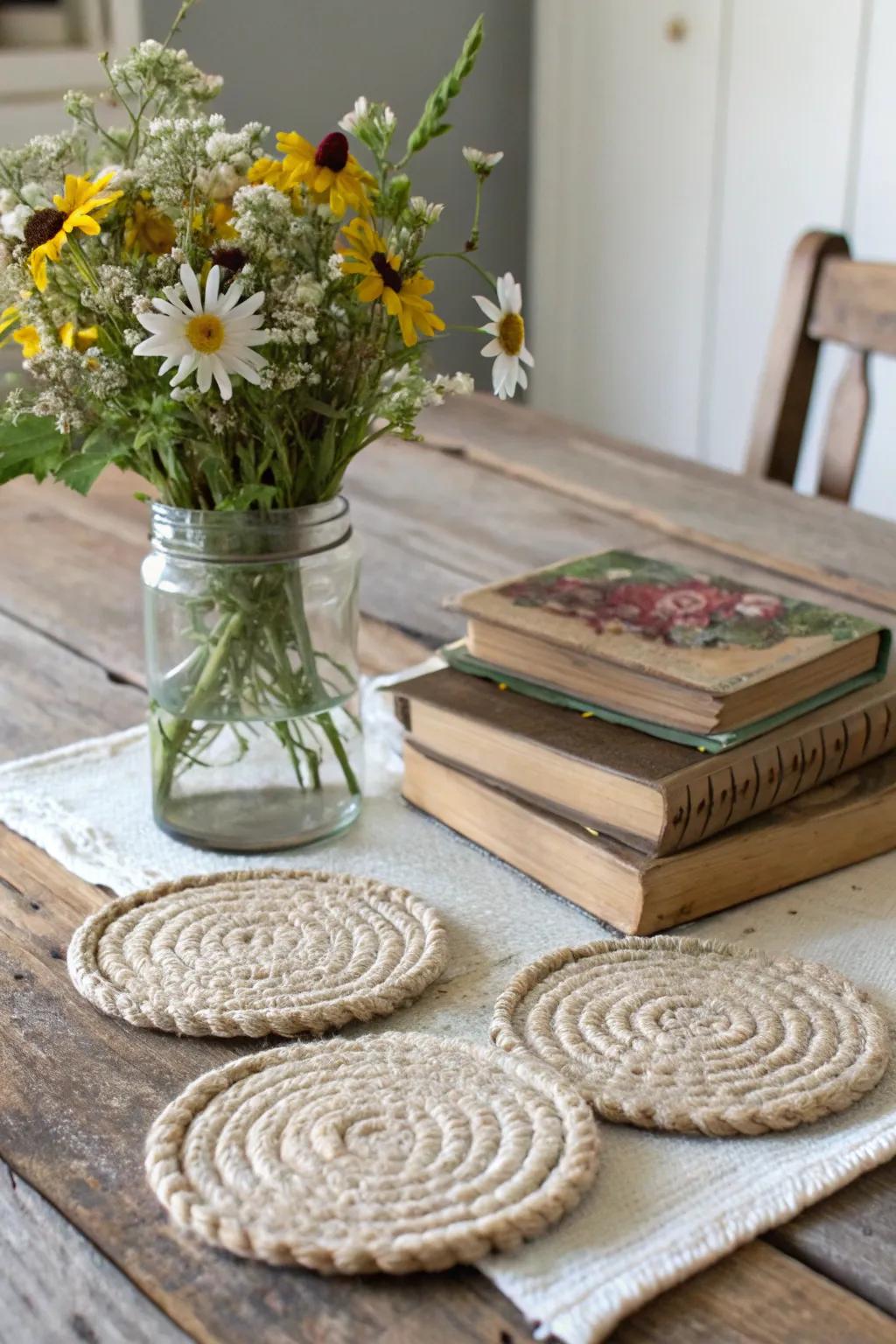 Textured burlap coasters bring a rustic charm to any setting.