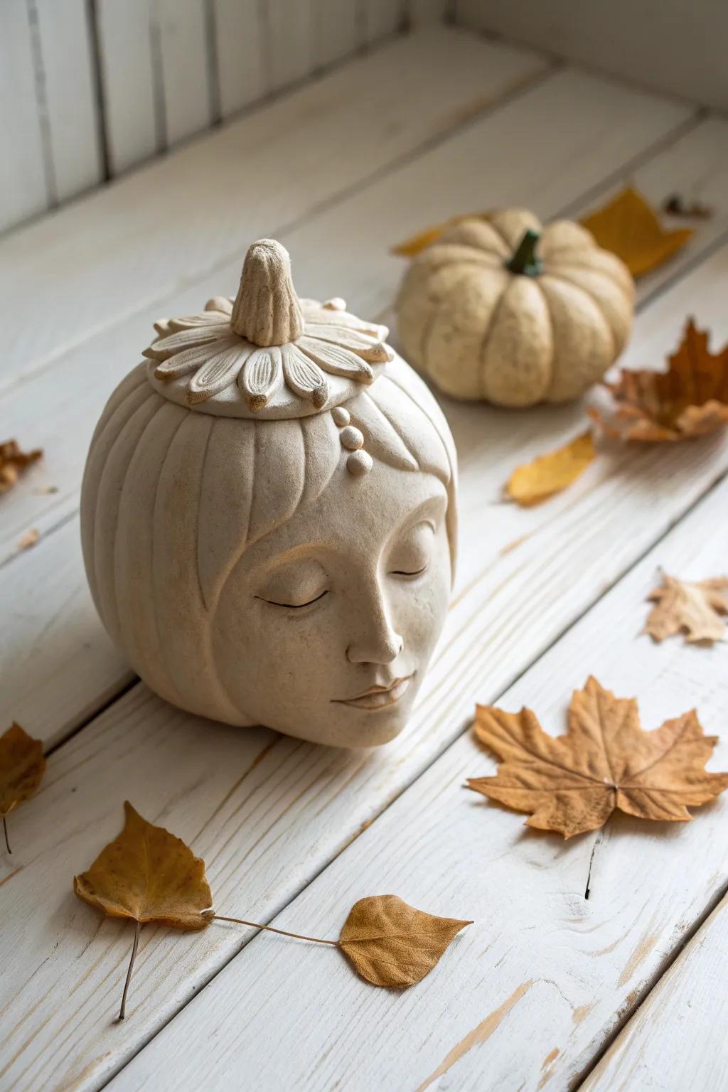 Embrace the cozy charm of fall with this exquisite seasonal clay pumpkin head, a perfect blend of minimalist elegance and artistic craftsmanship.