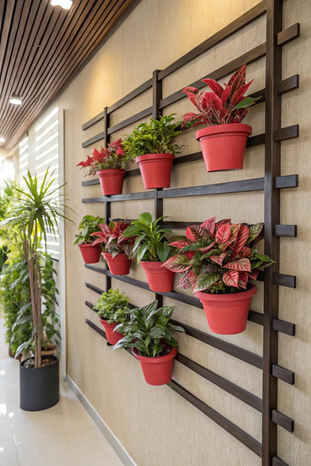 A slatted wall adds a dynamic and green focal point.