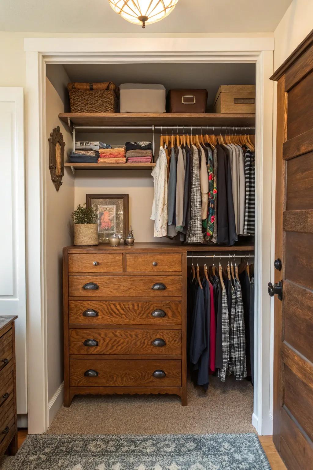 A vintage dresser repurposed for a charming closet space.