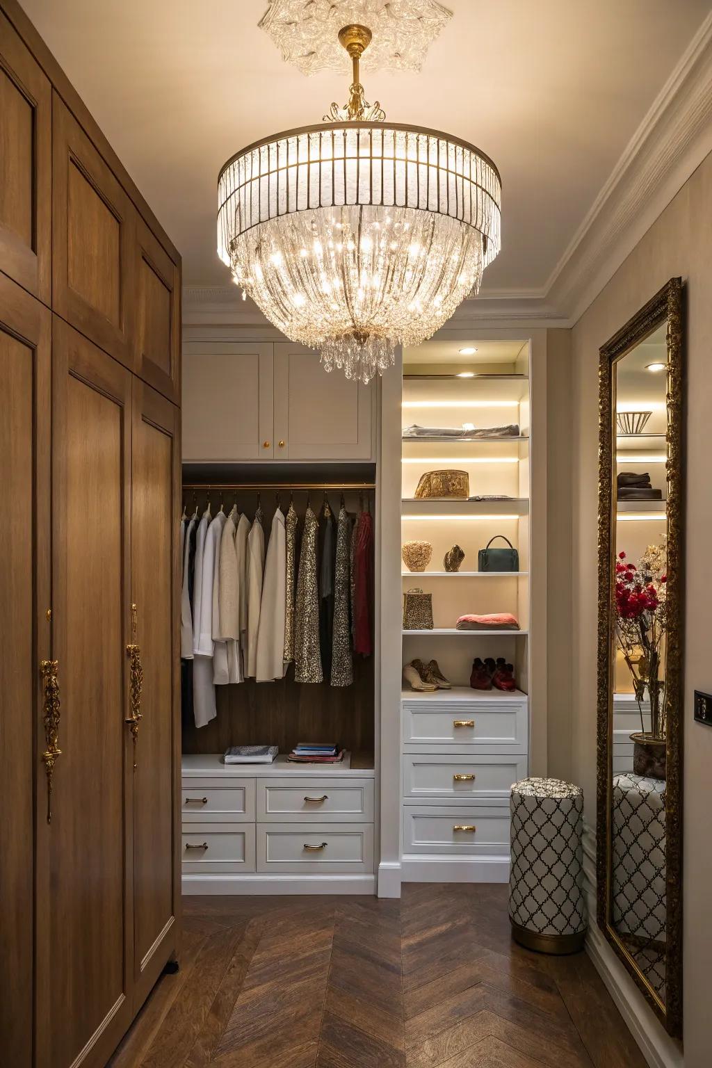 A closet illuminated by a decorative chandelier, adding elegance to the space.