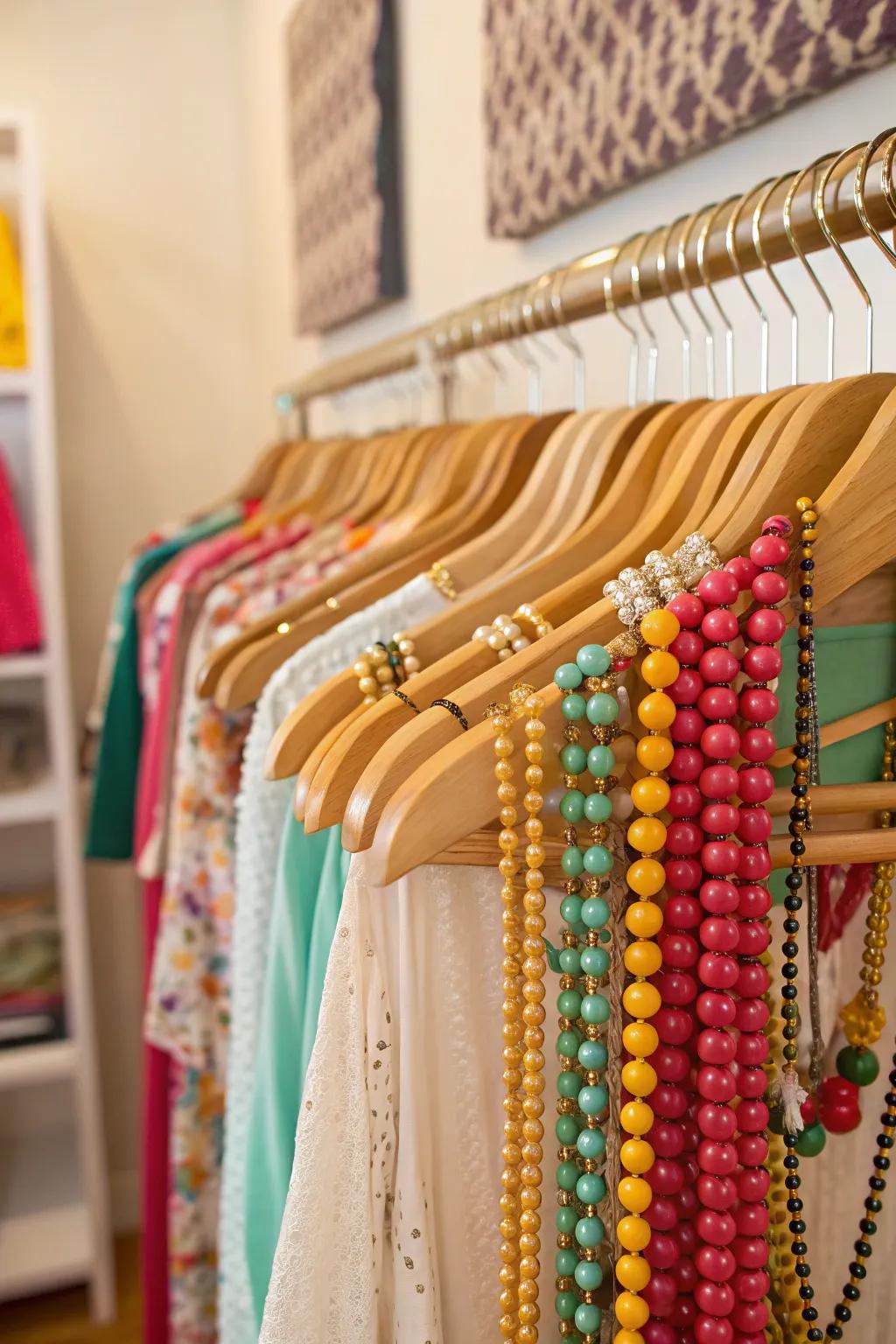 Colorful beaded hangers bringing vibrancy to a closet.