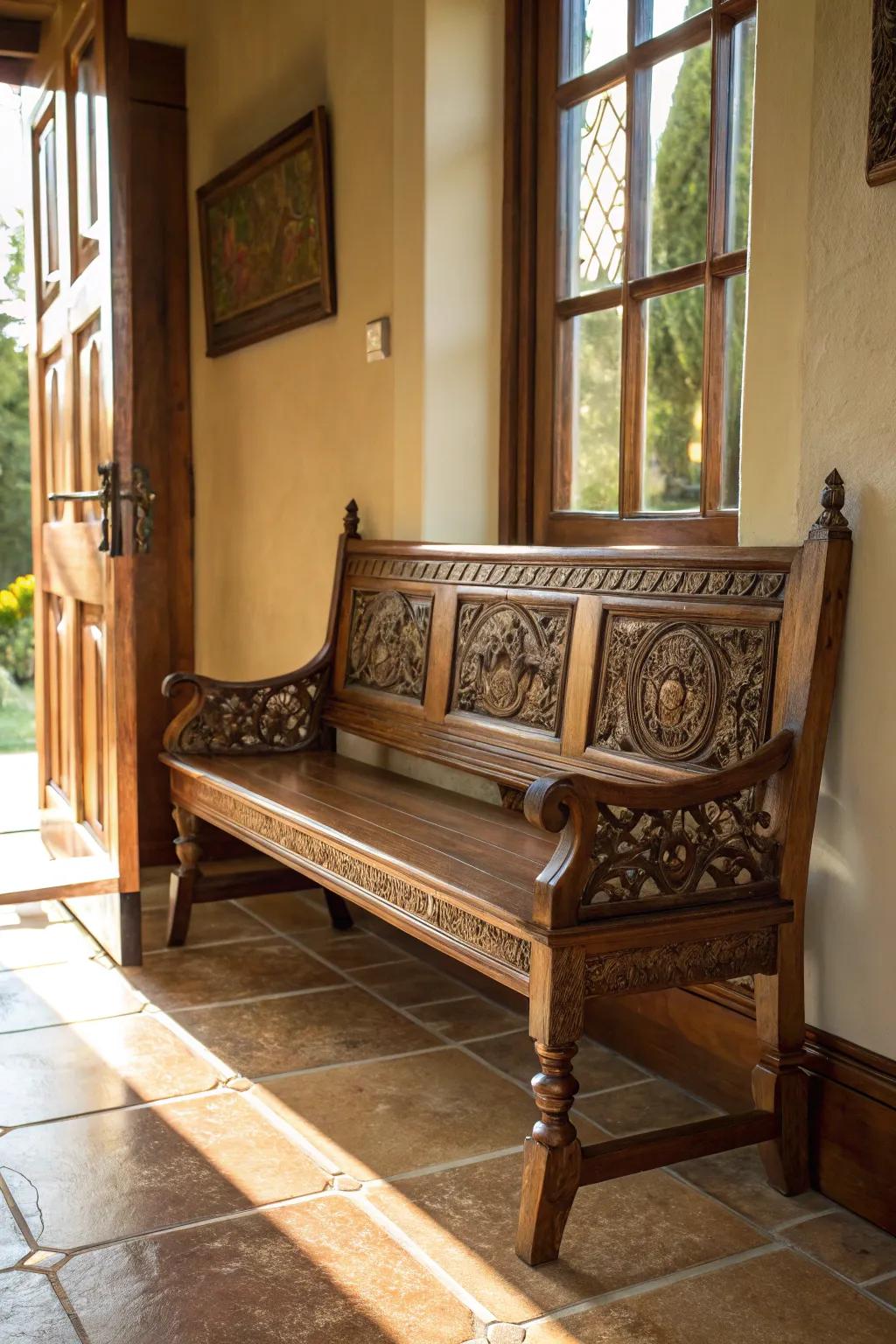 Elevate your entryway with this exquisitely carved wooden bench, a testament to craftsmanship and style.