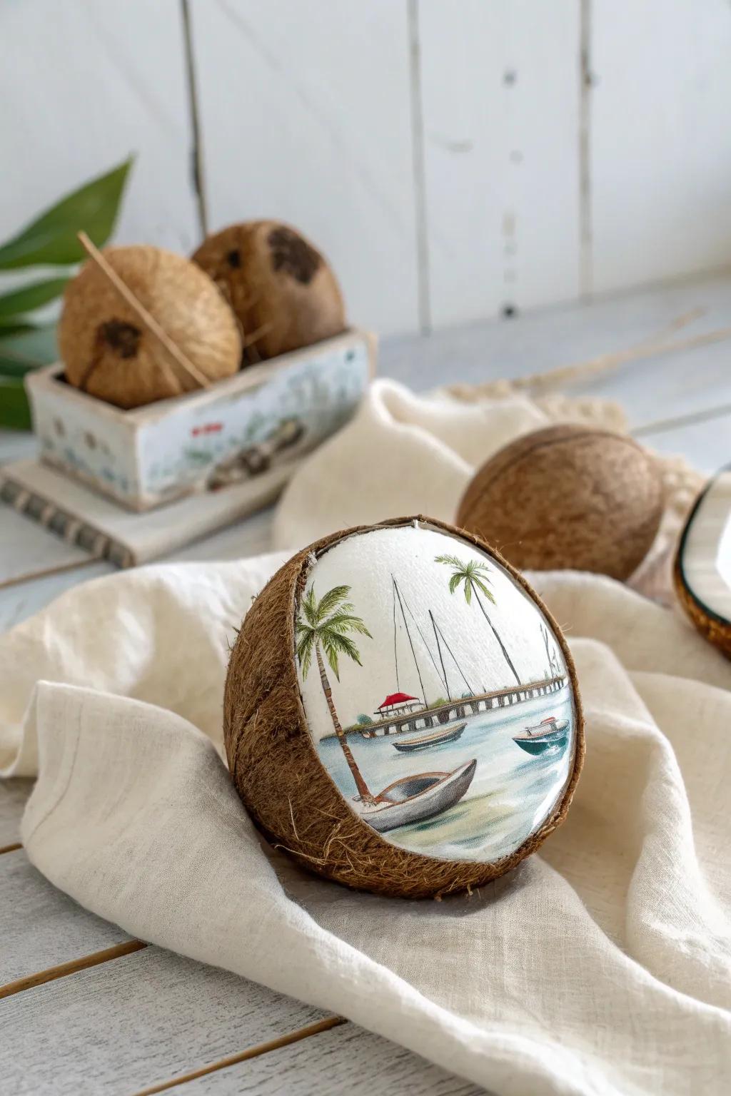 Bring serenity to your space with a beautifully crafted harbor scene on coconut.