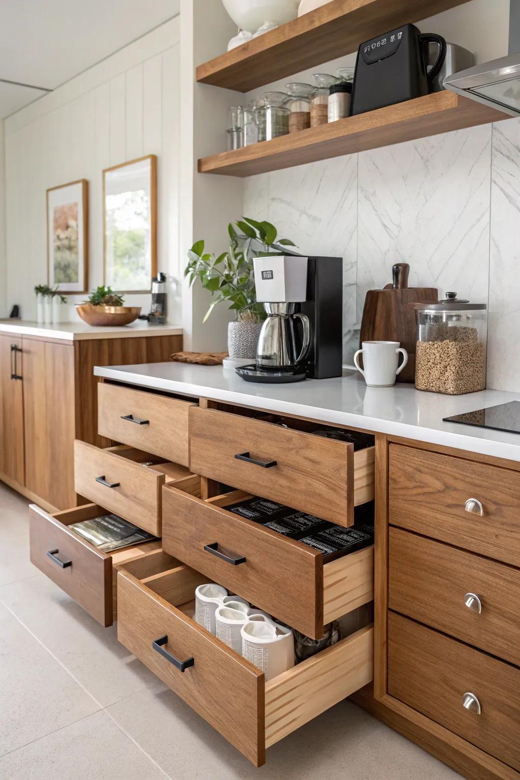 Wooden drawers offer inconspicuous and organized storage.