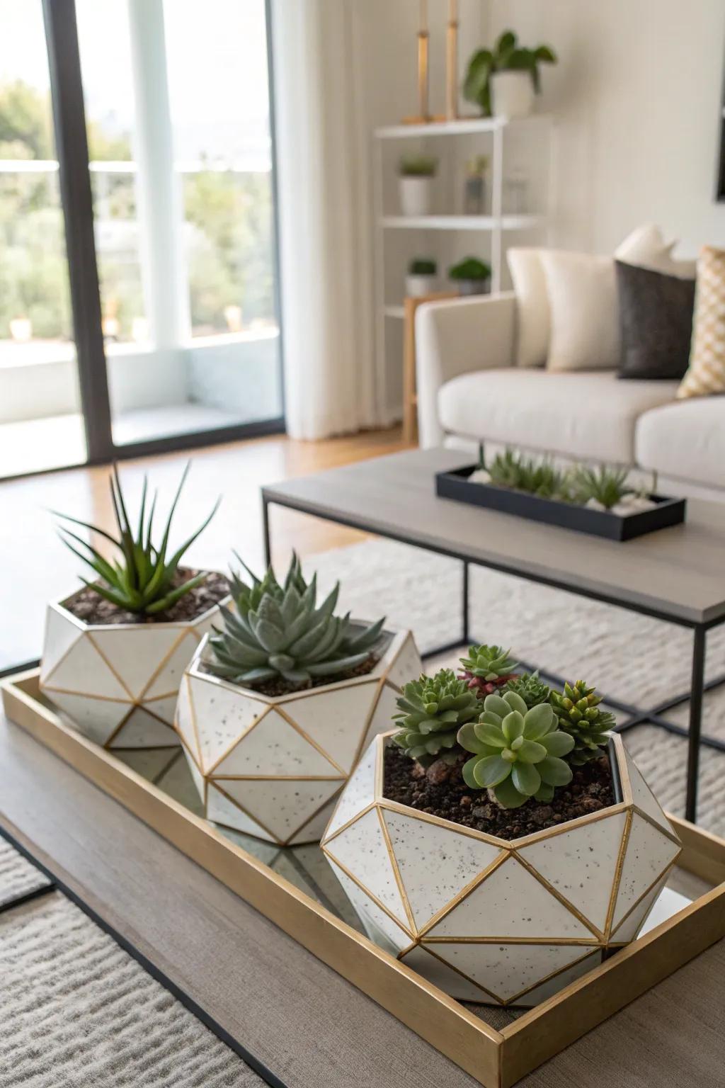 Modern geometric planters bring a fresh feel to the coffee table.