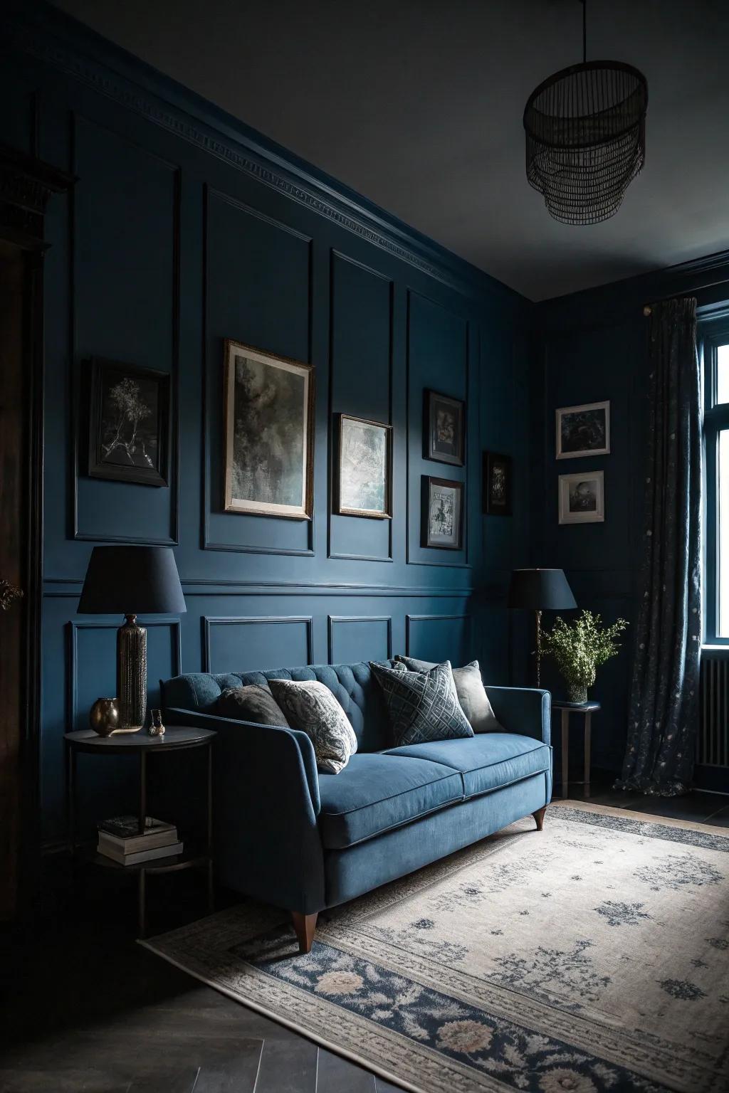 A cozy and dramatic room with a moody color palette.