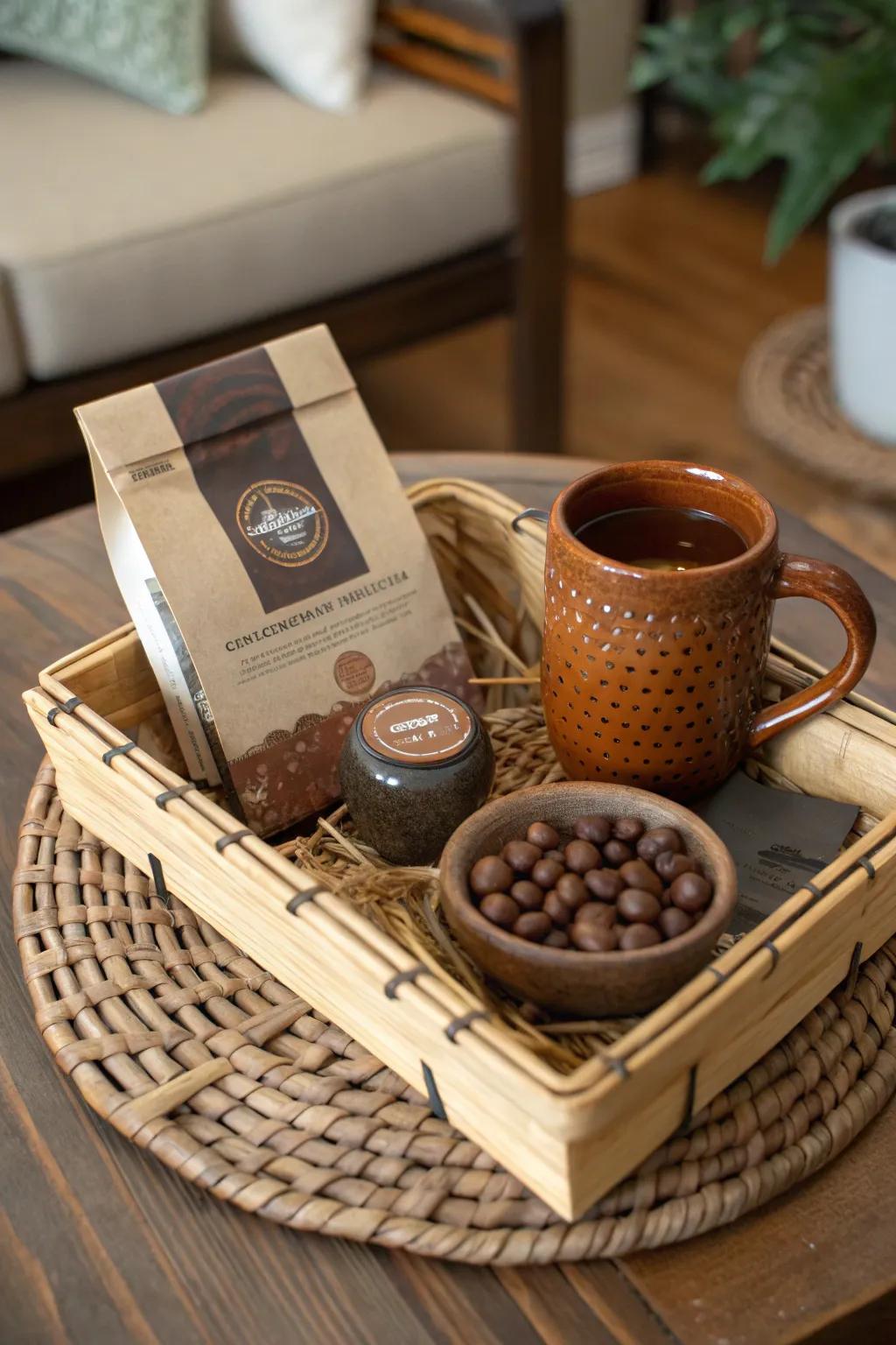 Enjoy a cozy coffee break with an earthy brown-themed gift basket.