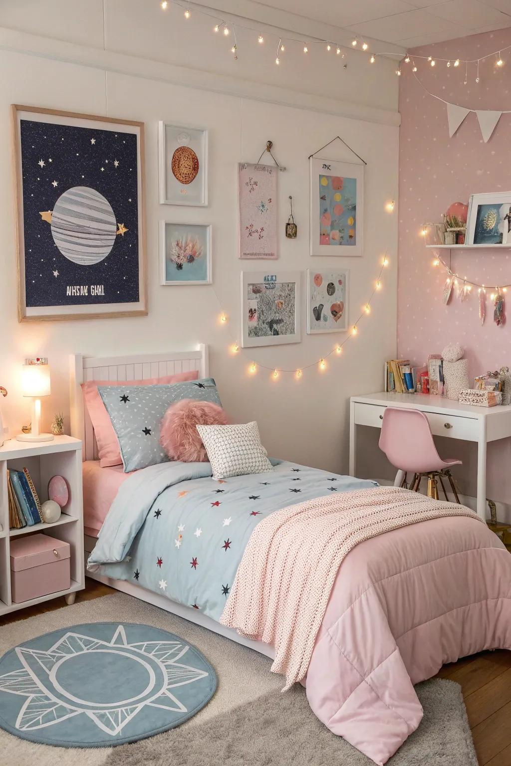 Celestial-themed bedding brings a sense of adventure and personal flair to this girls' room.