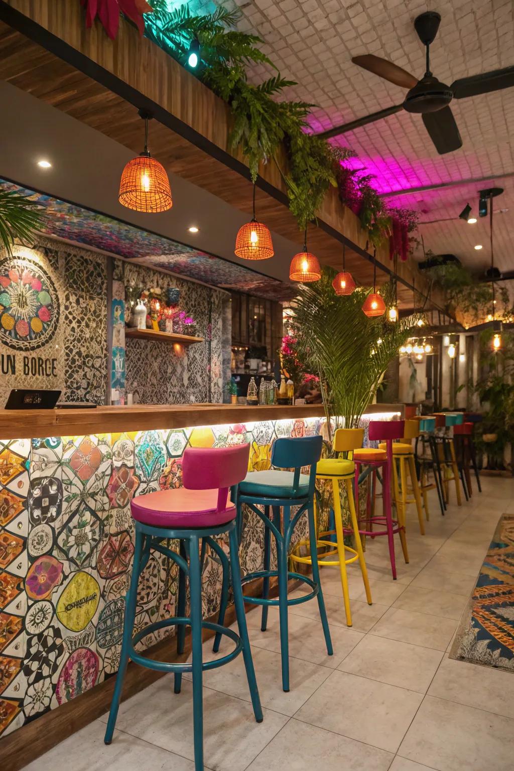 A salon bar featuring eclectic mix and match colorful stools.