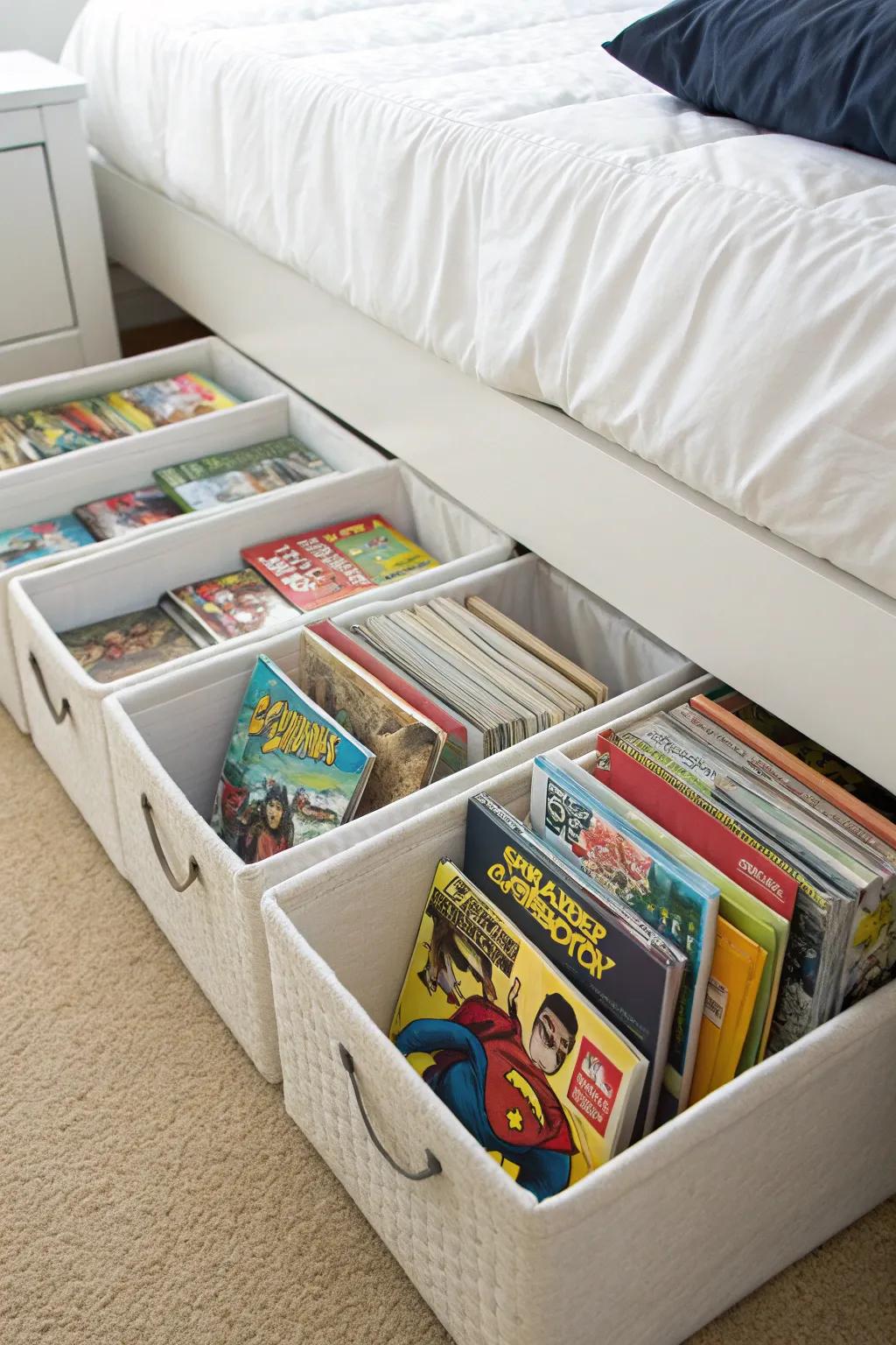 Under-bed storage is a space-saving solution for comic collections.