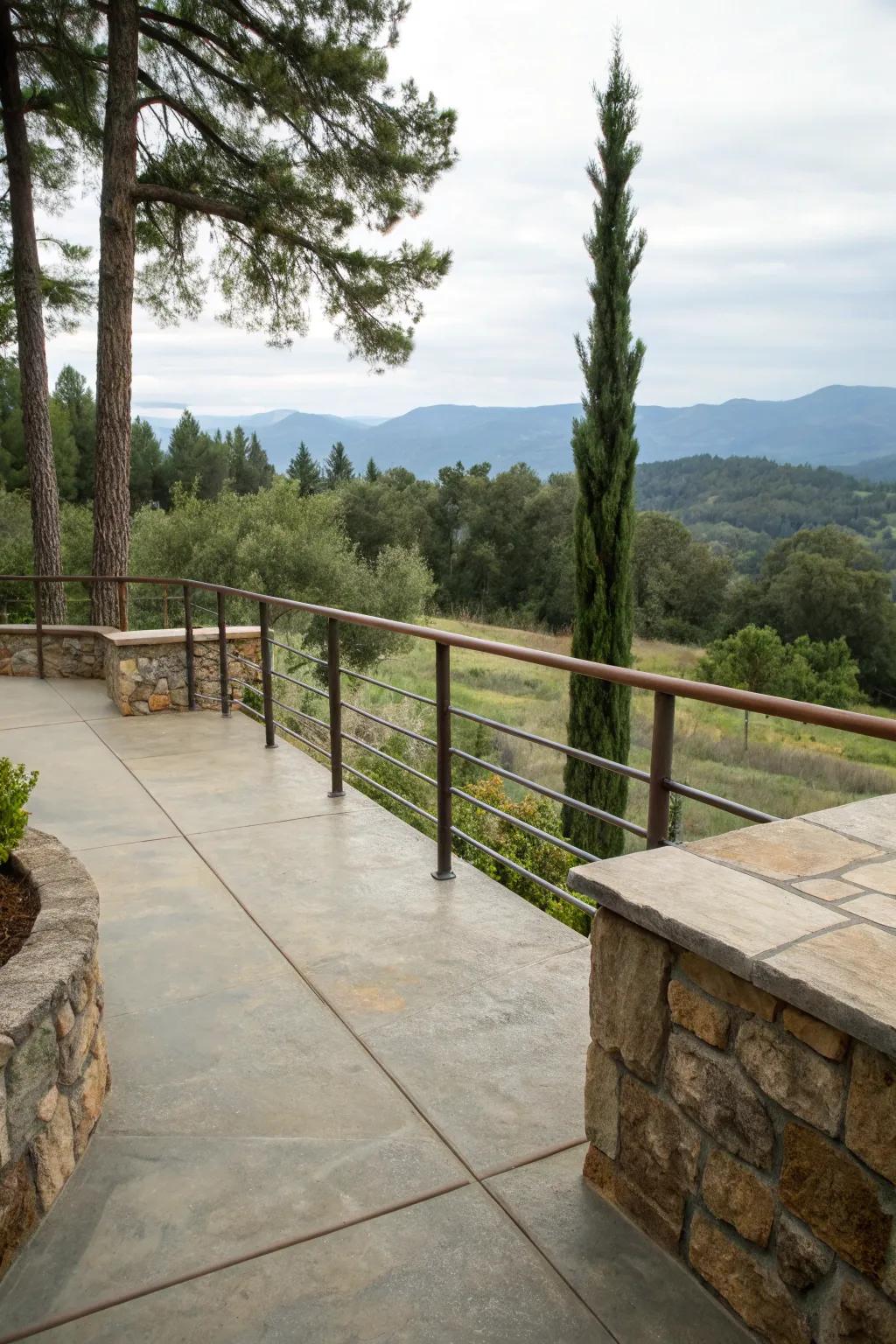 Stone accents on railings bring rustic charm to concrete patios.