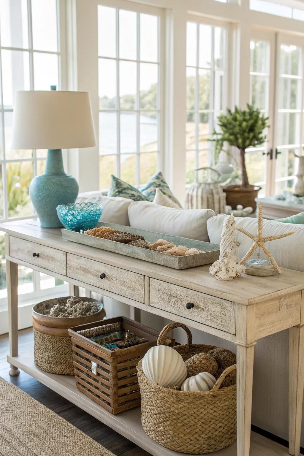 Coastal decor brings a beach vibe to this console table.