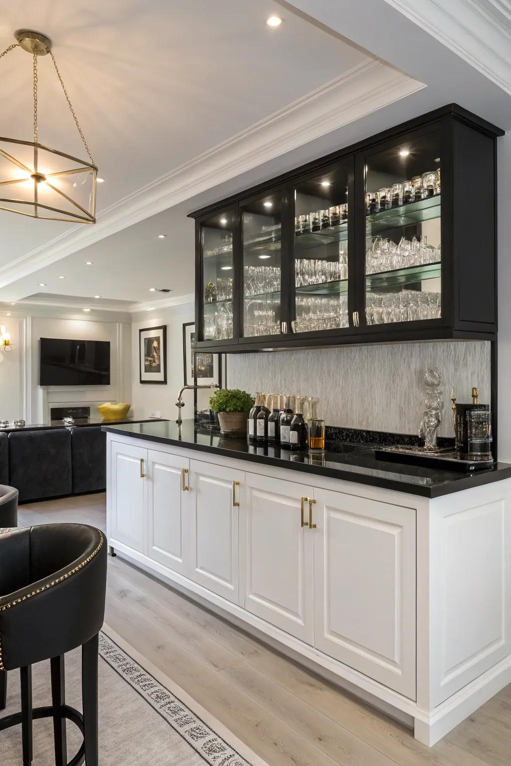 A modern home bar with a black and white color scheme.