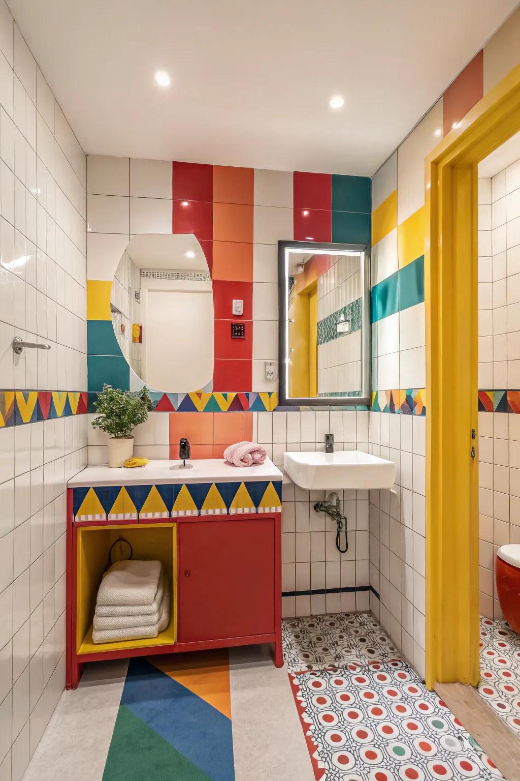 Bold colors add vibrancy and personality to the bathroom.