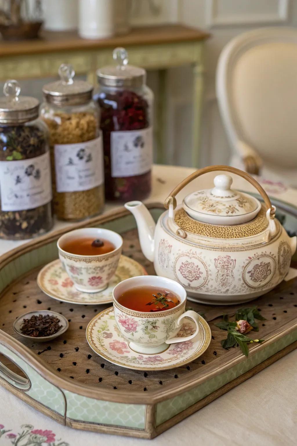 An artisanal tea set with a selection of unique teas on a vintage table.