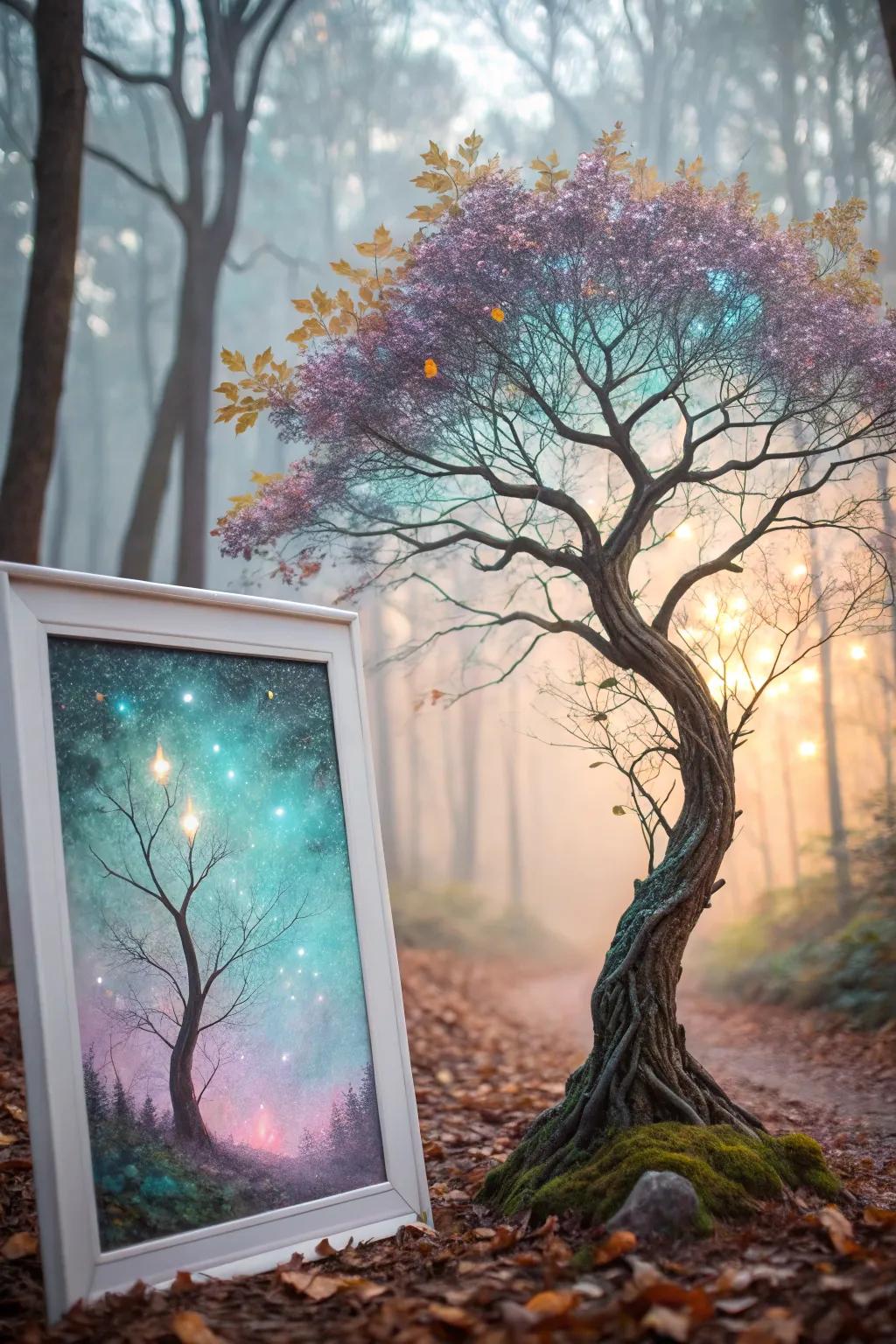 Step into an enchanted world with this whimsical fantasy forest artwork.