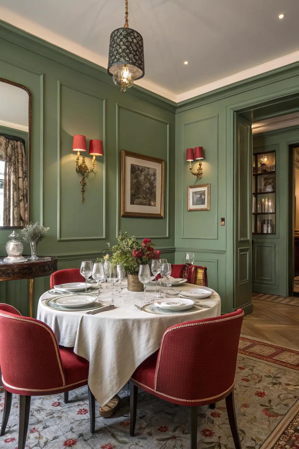 A dining room with a bold sage green and red color scheme.