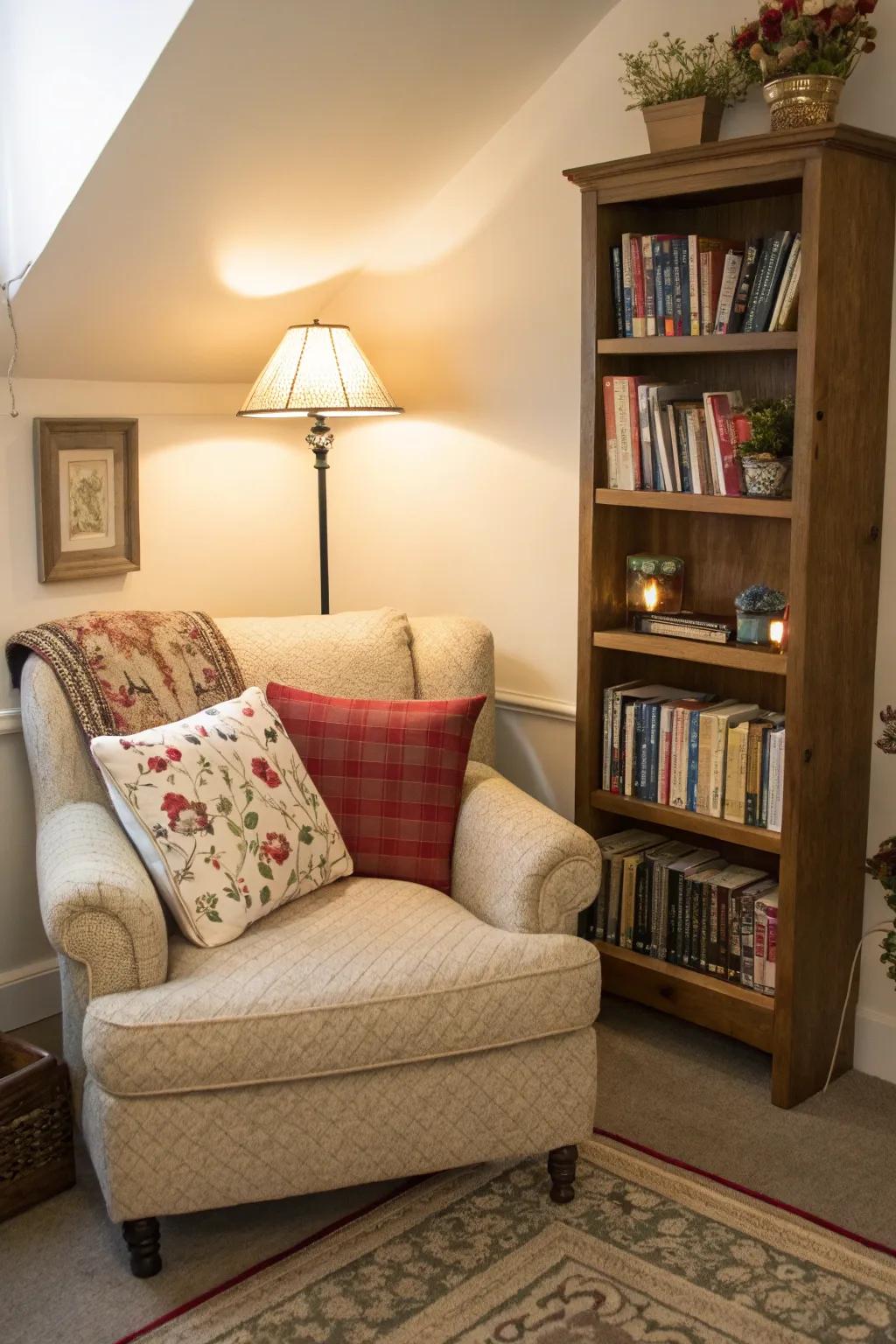 Create a cozy reading nook by adding a chair and cushions to a corner.