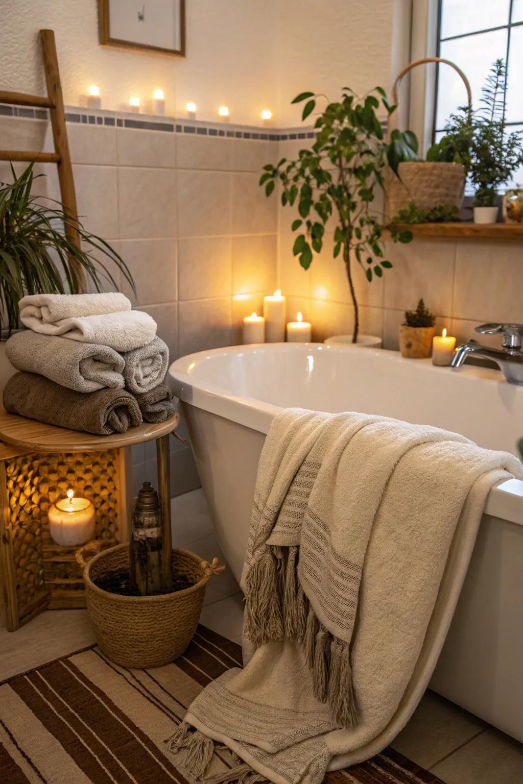 A cozy corner tub nook invites warmth and comfort into your bathroom.