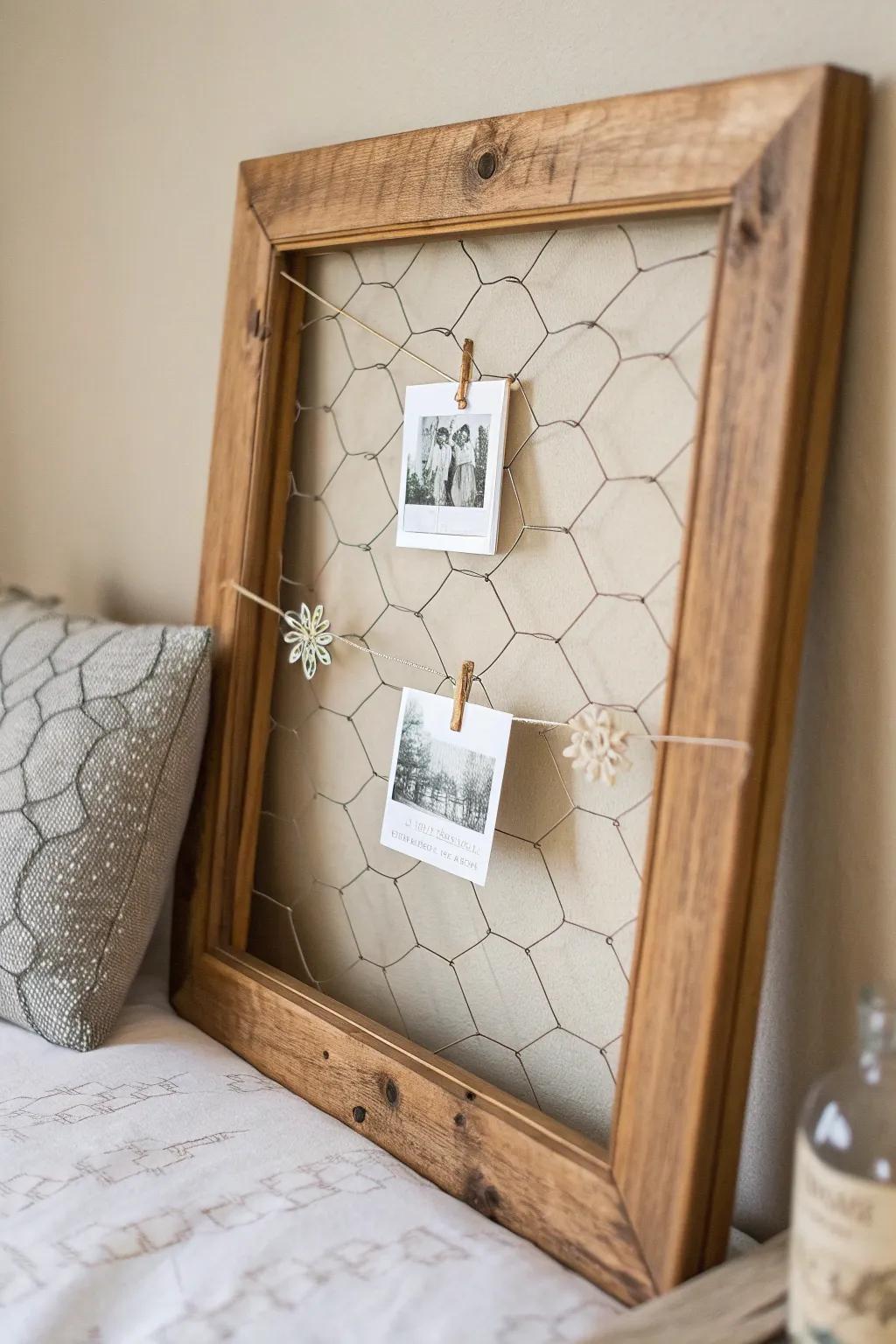 Capture cherished moments with this elegant chicken wire frame, blending minimalist design with a touch of rustic charm.