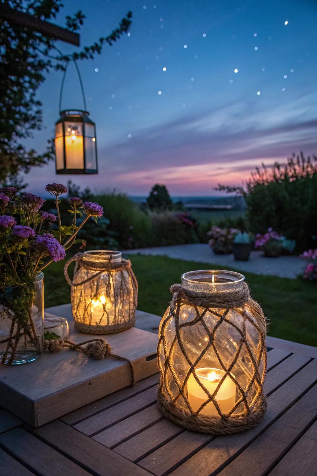 Lasso-wrapped lanterns provide a warm and rustic ambiance.