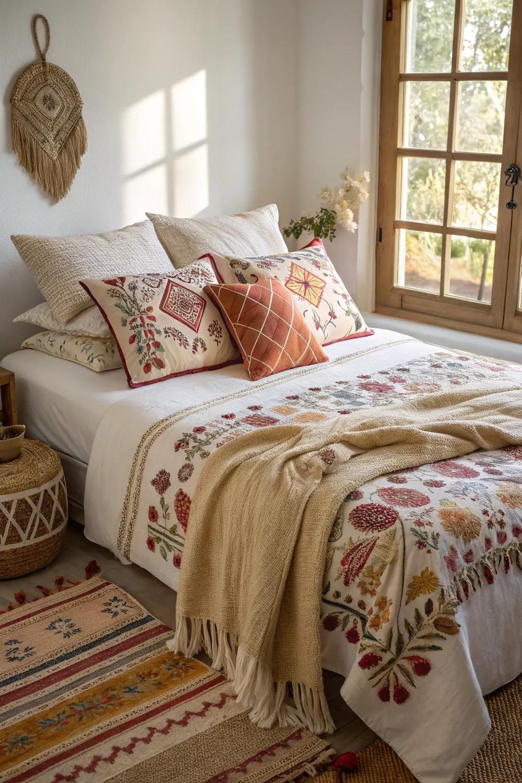 Patterned textiles bring a lively touch to this cozy bedroom.