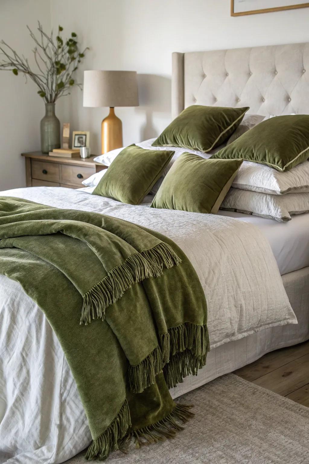 Layered textures in olive green create a rich and inviting atmosphere.