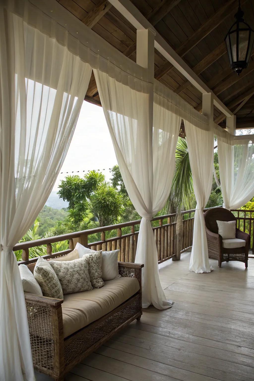 Curtains add privacy and a touch of elegance to a porch.