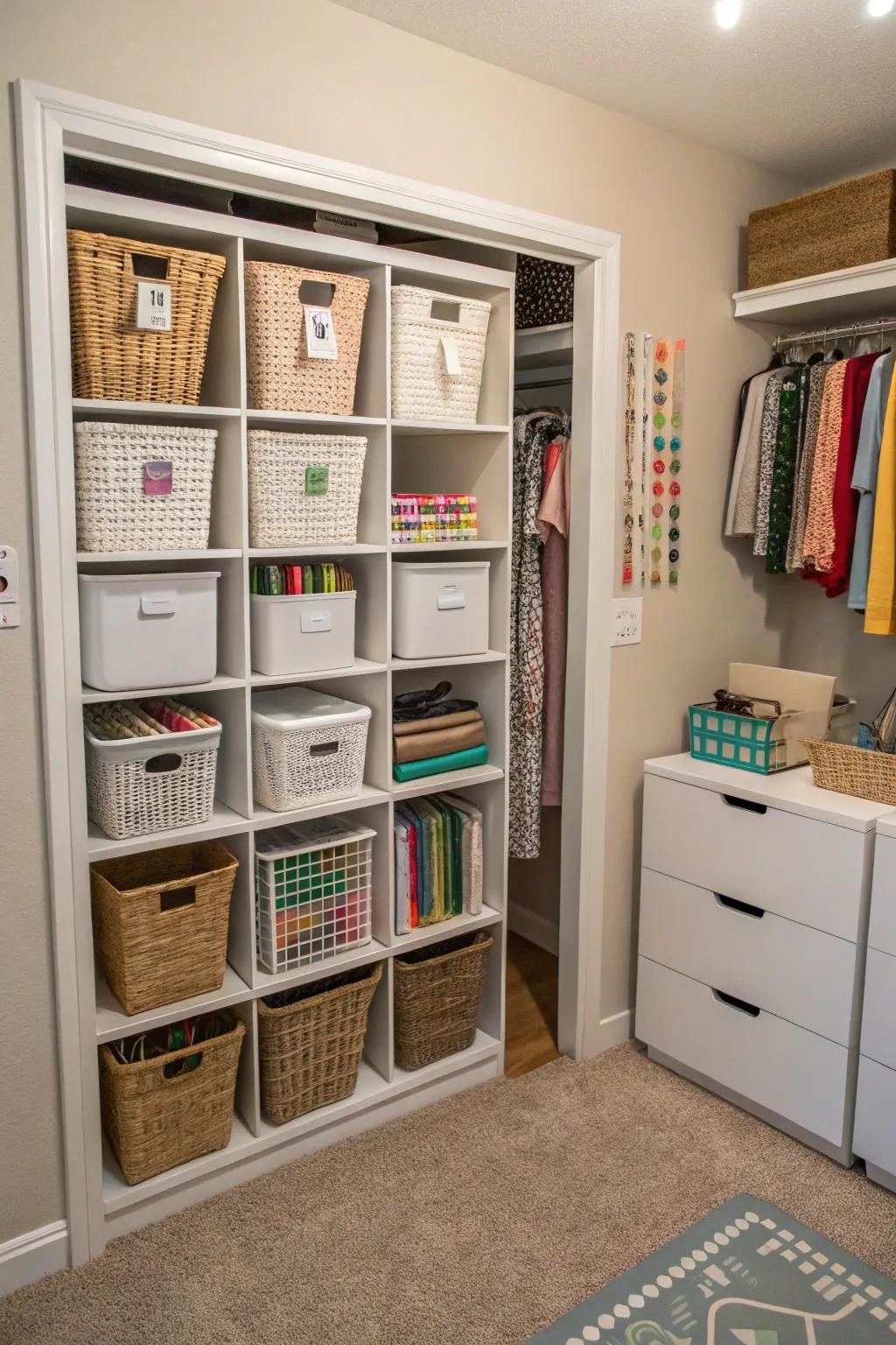 Cube storage offers a modular solution for organizing craft supplies.