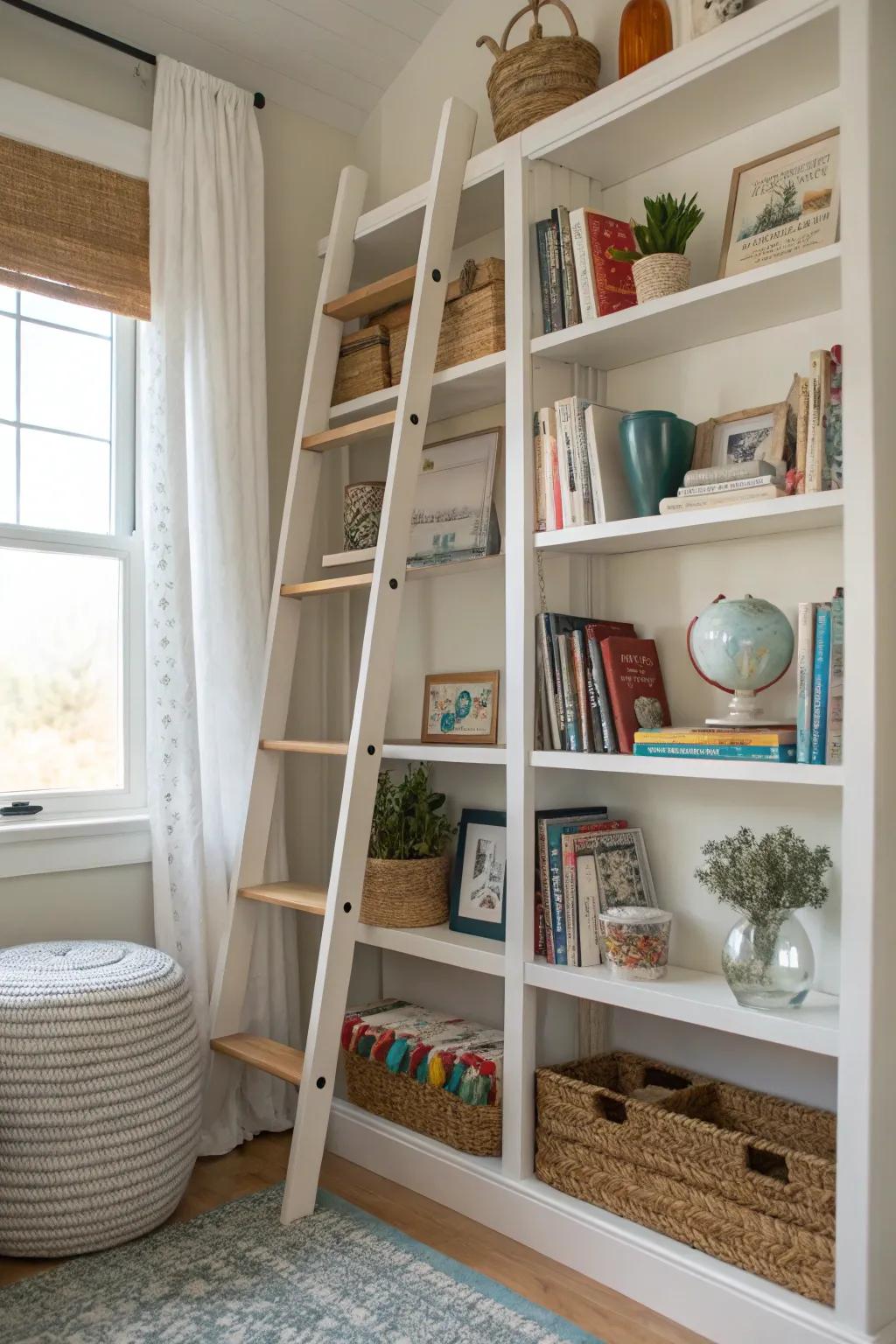 Ladder shelves provide a chic display area for craft supplies.