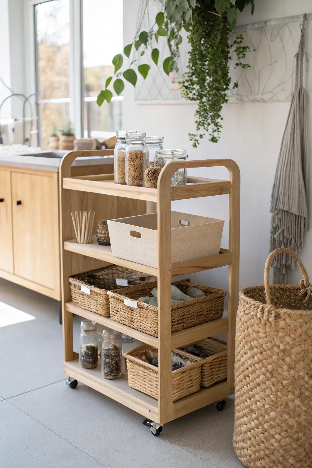Craft with ease and style: Embrace the beauty of mobility and organization with this stunning storage cart.