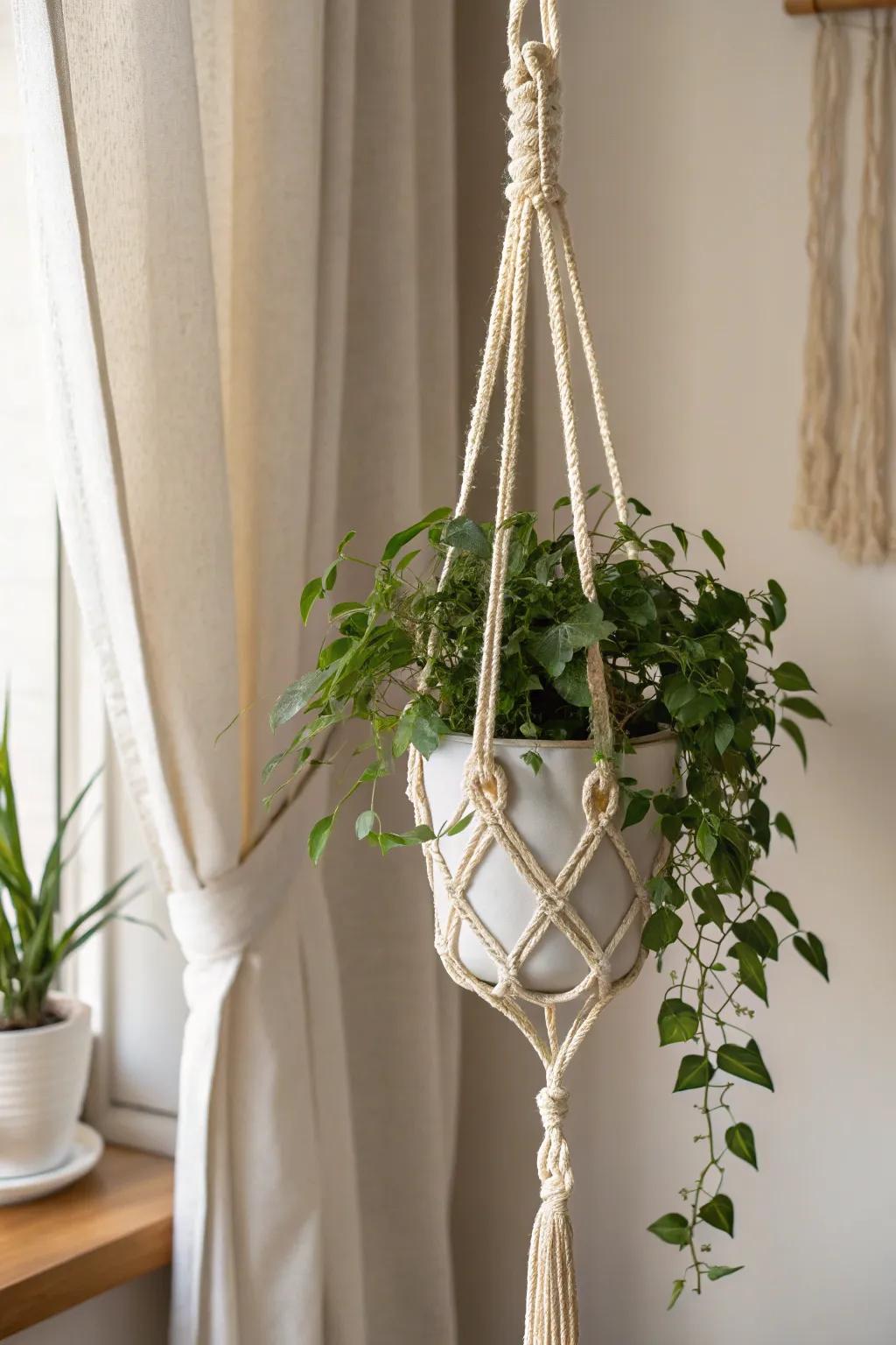 Add a boho-chic vibe to your space with a handcrafted macramé plant hanger – where simplicity meets natural beauty.