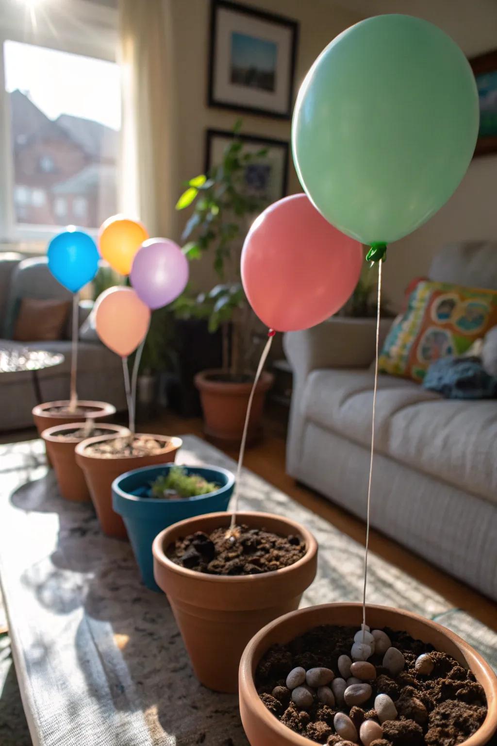 Miniature plant pots used as eco-friendly balloon weights.