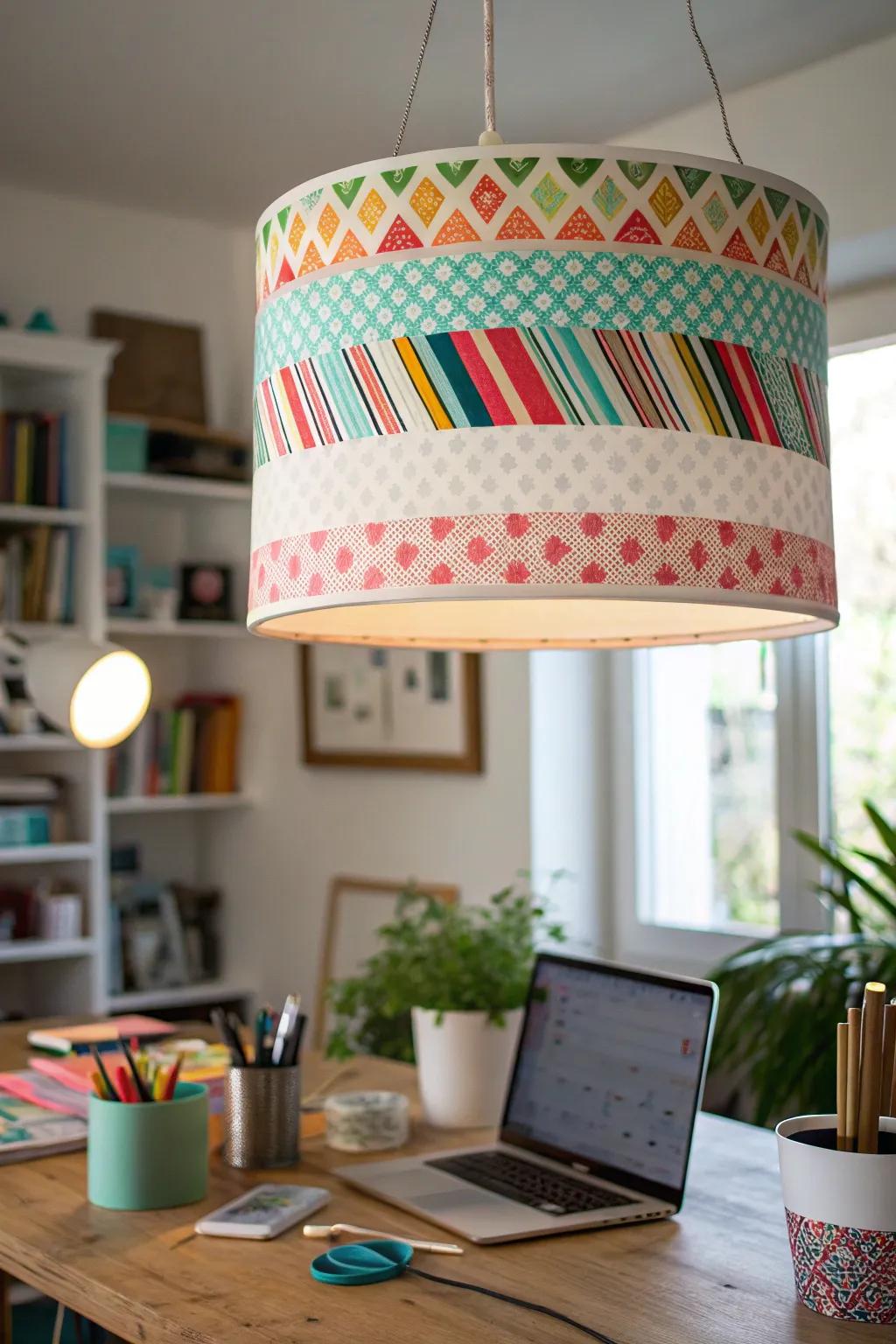 A home office lamp shade decorated with vibrant washi tape.